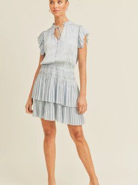 Reset Sky Blue Pleated Tie-Neck Dress